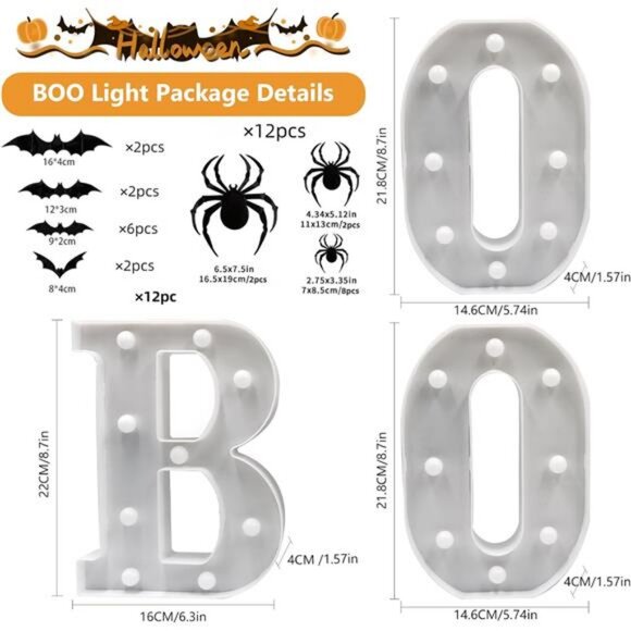 Halloween Decorations, BOO Lights Up Letters 8.7in BOO LED Marquee Sign, 3D Bats - Picture 3 of 8